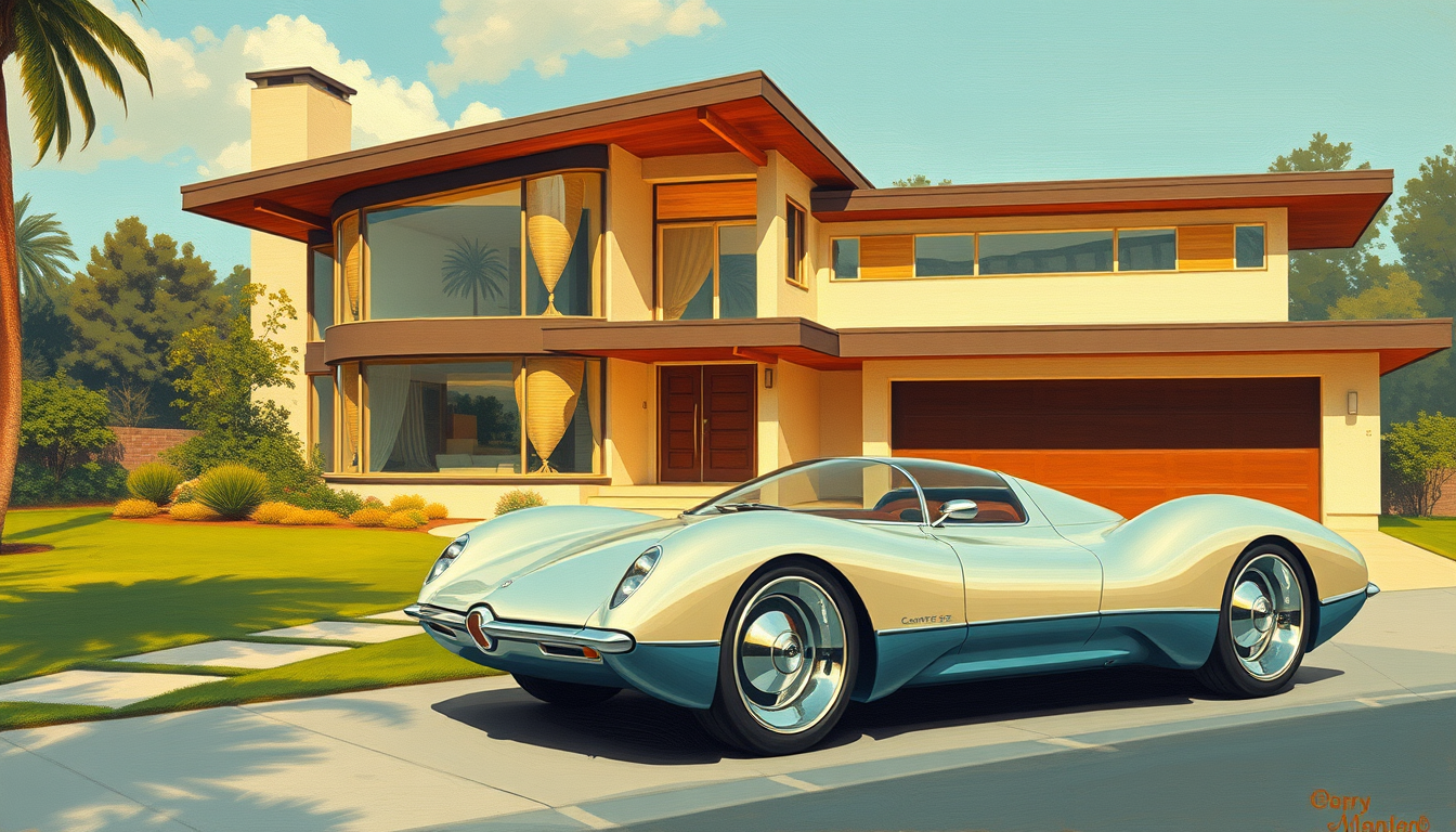 A mid-century-modern house with a concept car in front, a painting by Syd Mead, 4k. - Image