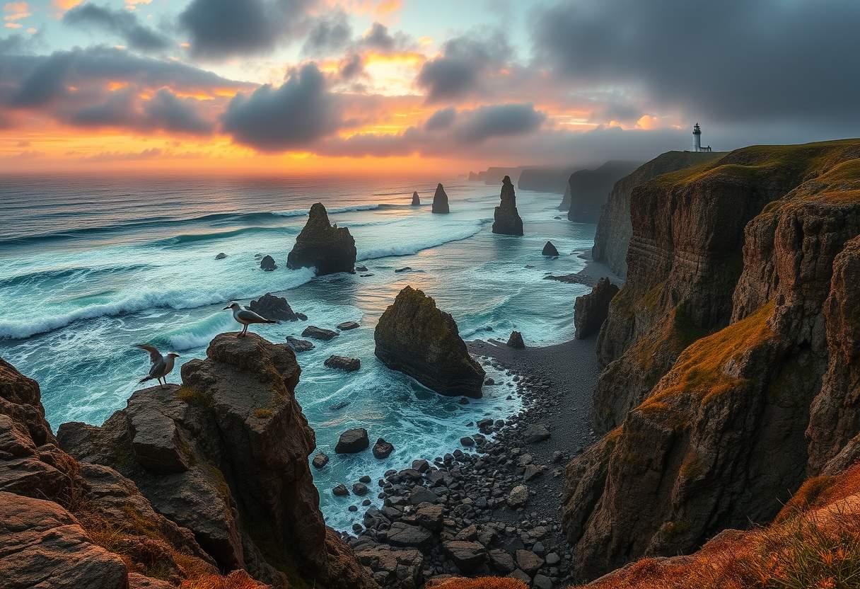 Awe-inspiring, rugged coastline, rocky cliffs, crashing waves, high quality, photorealistic, dramatic, wild, seagulls, stormy, panoramic, breathtaking::1.2 tide pools, sea stacks, hidden caves, coastal hiking trails, lighthouse, mist, vibrant sunset.