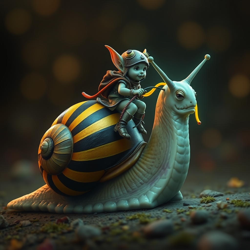 A tiny goblin jockey riding on the back of a giant snail, neon reins, the snail's shell is striped black and yellow, slime trail, neon bokeh, in the style of a fantasy painting. - Image