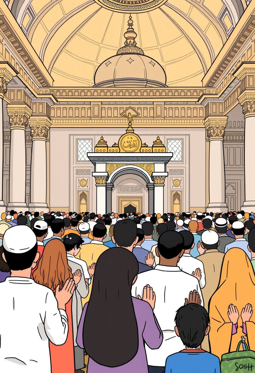 Illustrate people of different ages and backgrounds praying in a grand temple, with a sense of reverence and peace. Cartoon style, thick lines, low details, no shading.