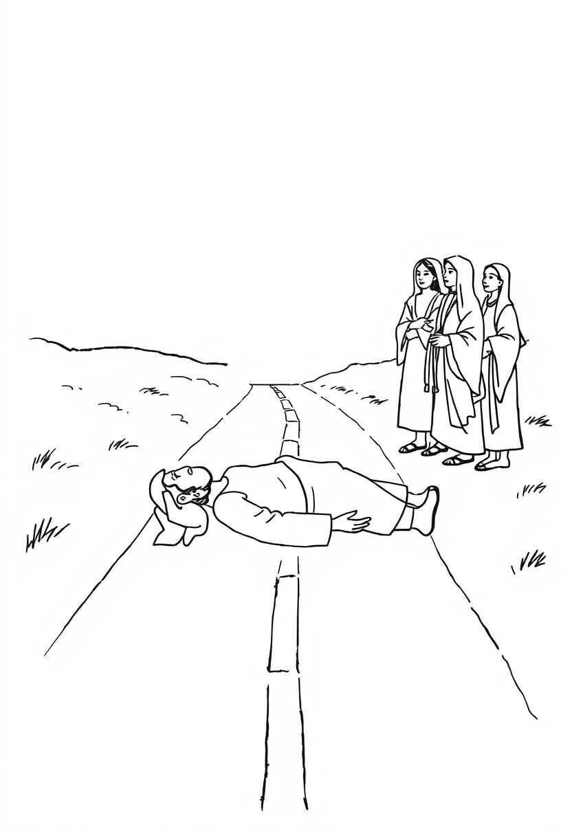 Coloring book page. Simple black and white sketch of Paul's conversion on the road to Damascus: A figure (Paul) fallen on a road. Include a bright light source from above. Add other figures (companions) standing nearby, looking confused. White background, black and white drawing, sharp black lines.