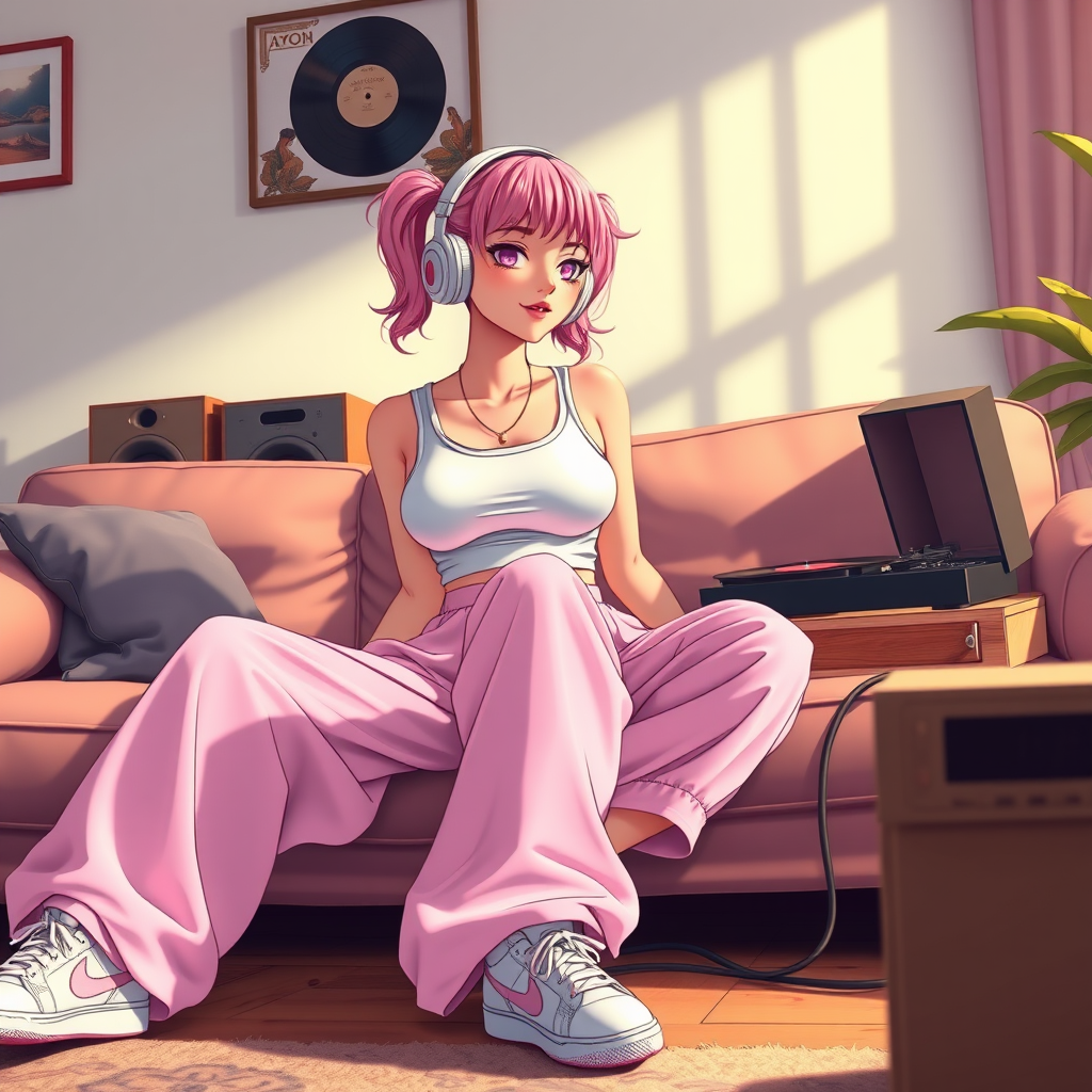 An adult female influencer with a full figure, pink hair, pigtails, wearing retro headphones, a white sleeveless crop top, oversized baggy pink tracksuit pants, and sneakers, sitting on a couch in a living room listening to music being played on an old-style record player. 3D Anime Style, highly detailed, wide-angle lens.