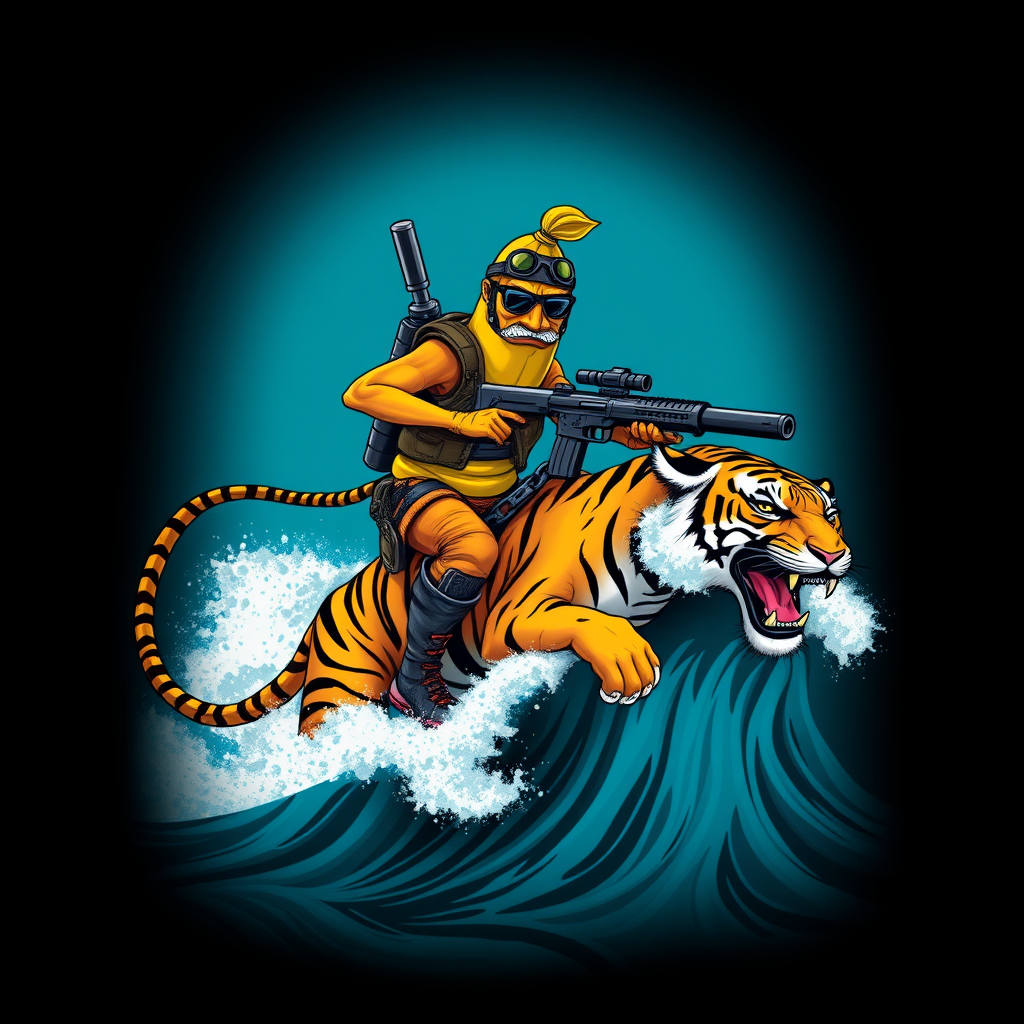 A tee shirt design of a sentient anthropomorphic determined banana man dressed in Rambo gear, carrying a huge rocket launcher with one hand, a huge chain gun in the other hand, while surfing on a Bengal tiger on a huge ocean wave. Epic design. Fading to black around the entire boundary of the image. Vibrant future punk colors. - Image