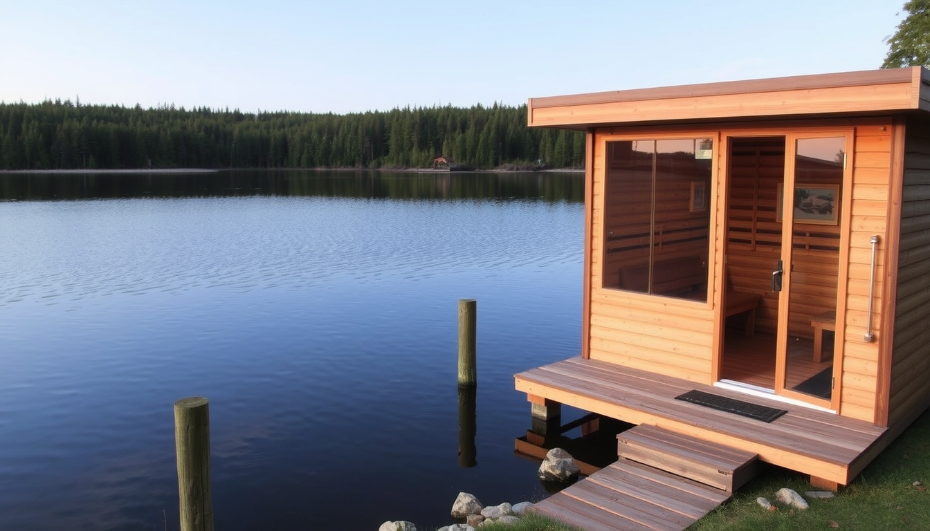 A peaceful lakeside retreat with a glass-fronted sauna overlooking the water.