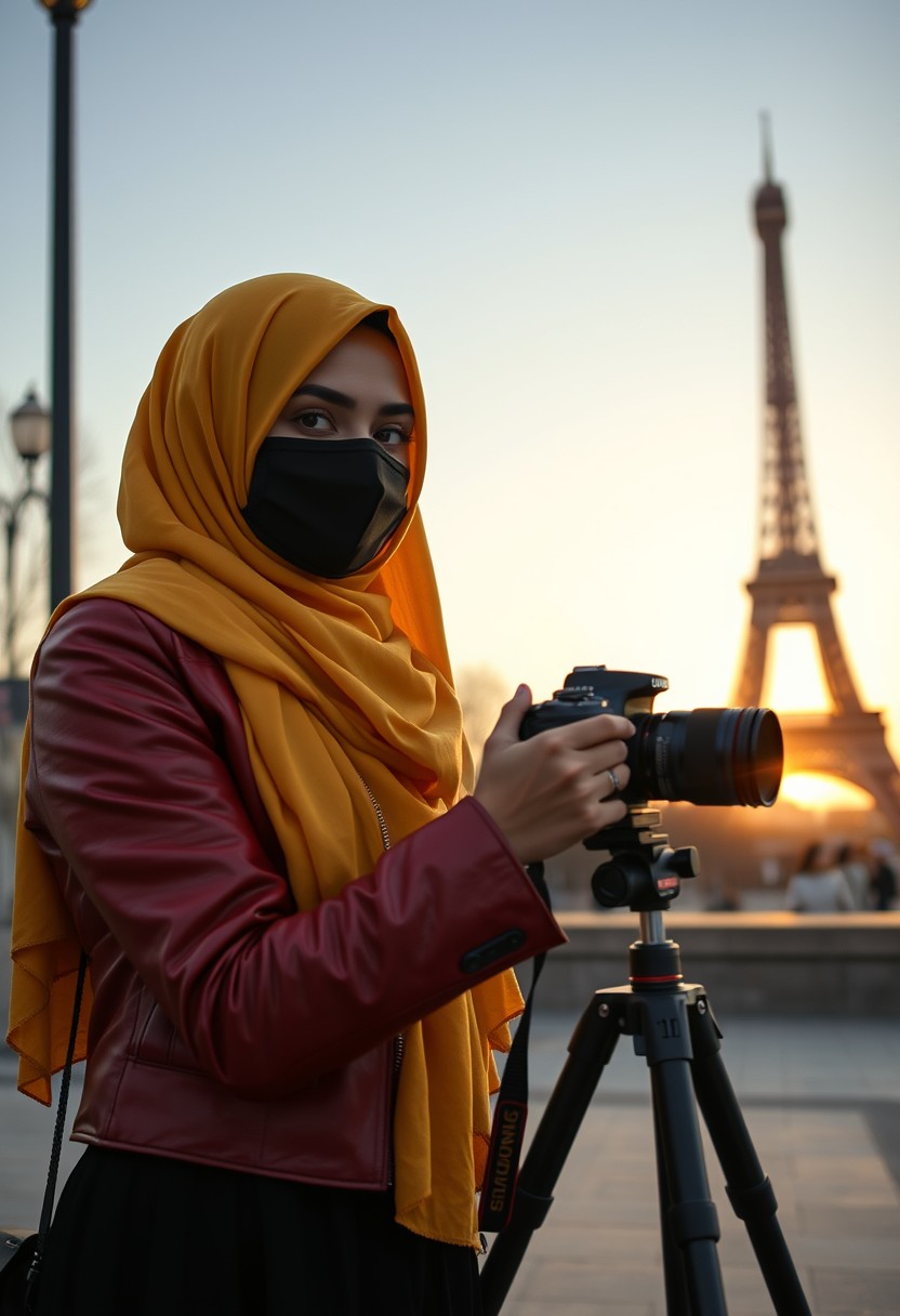 Biggest hijab, yellow Muslim girl, beautiful eyes, black face mask, red leather jacket, biggest black skirt, DSLR camera CANON, tripod, taking photos, sunrise, morning scenery, Eiffel Tower, hyper-realistic, street photography.