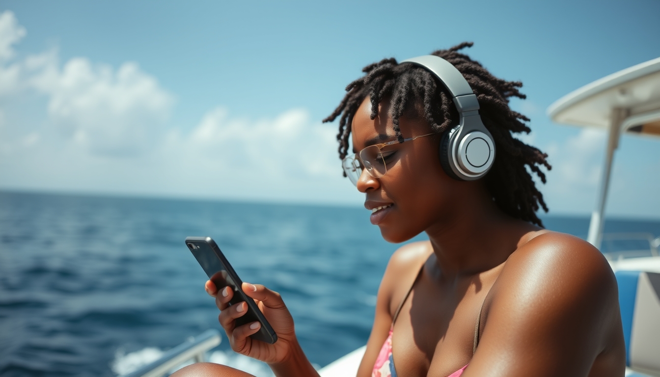 A young black woman is on a boat in the Bahamas listening to a podcast on her phone.