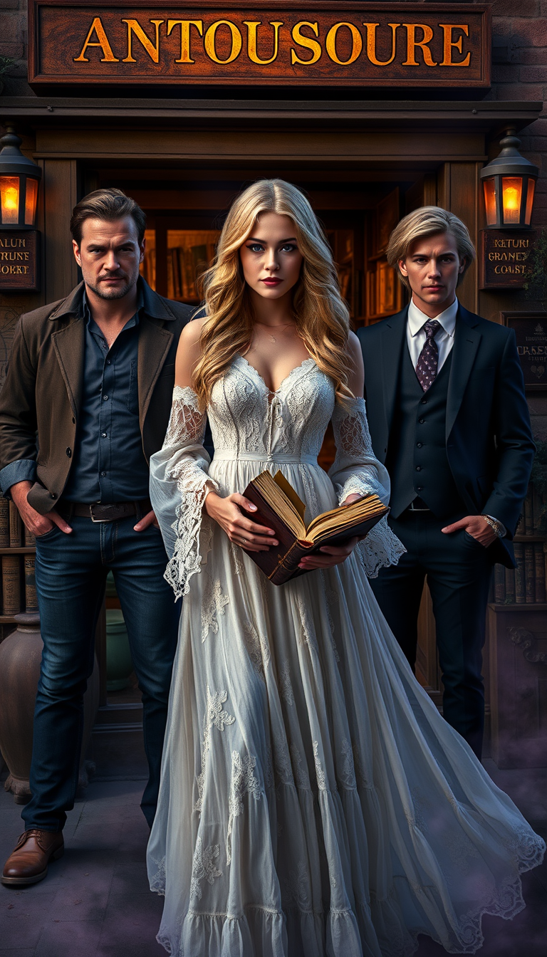 A mesmerizing blonde woman in a flowing white lace dress stands confidently before an antiquarian bookstore. She clutches an ancient, leather-bound grimoire, its pages glowing faintly. Two men flank her: a rugged, muscular brunette with a 5 o'clock shadow and a polished blonde in a tailored suit. Twilight bathes the scene in an ethereal, violet light, casting long shadows and illuminating mist.