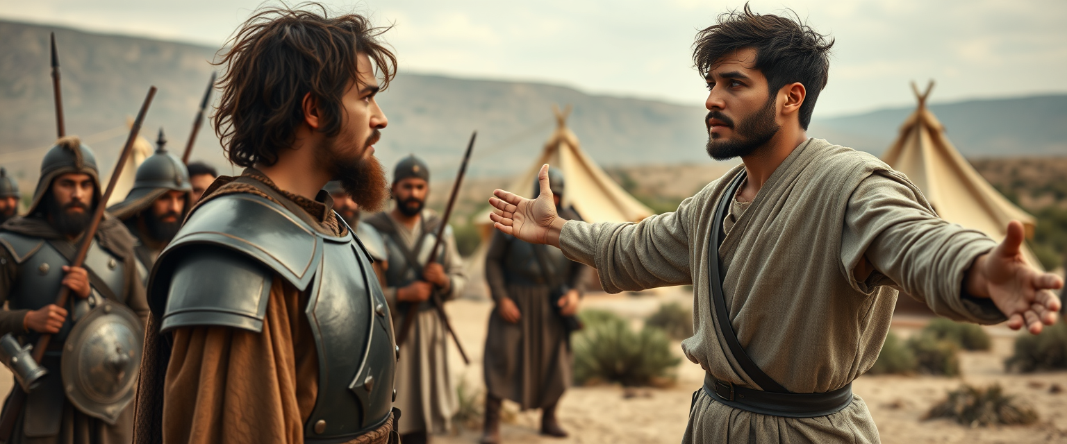 Create a scene of two men facing one another. The man on the right is a young Jewish man in his mid-20s, dressed as a simple shepherd, posed dramatically with his arms stretched out to the sides like an orator. He has dark, messy, unkempt hair and a beard, looking shocked as he gazes off-camera towards the left. The man on the left is a slim Jewish man in his mid-30s, with messy hair and a Jewish beard, wearing only simple biblical-era Israelite armor. A group of four ancient biblical-era Israelite soldiers is crowding around the man on the left. In the background, Arabic army tents are pitched on a desert shrub land. The overall mood of the image is one of anxiety and concern. Realistic hands.