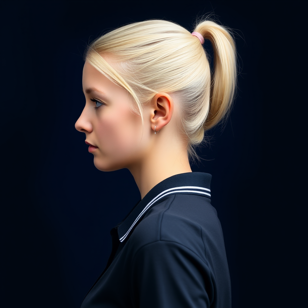 Side profile view of a serious light blonde-haired 18-year-old woman with a tight slicked-back medium-length ponytail, wearing a polo shirt with a navy blue stripe running along the collar, dark blue backdrop, very detailed.