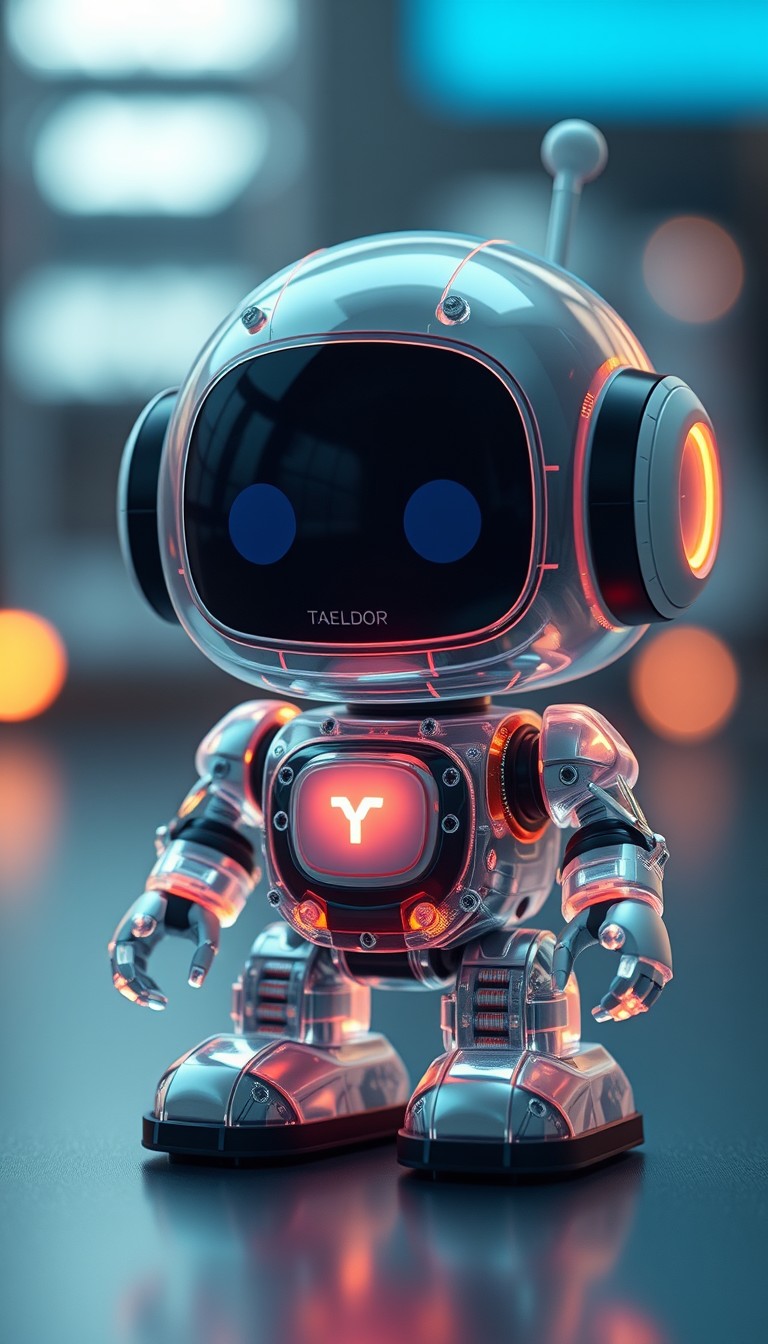 Cute aesthetic, a tiny cute translucent polycarbonate robot with an LED screen face, emoticon, stunning unreal engine render, intricate details.