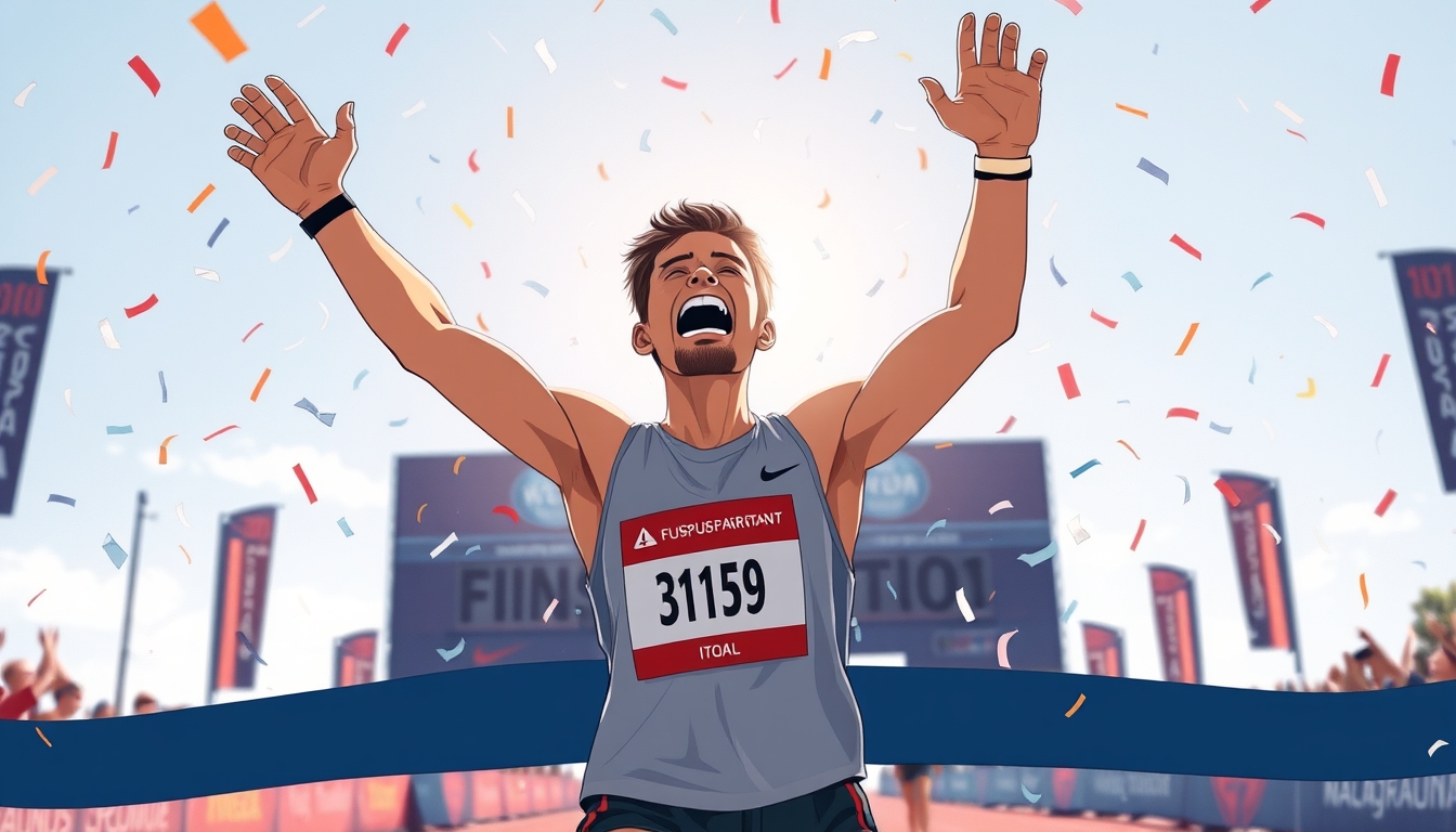 Triumphant athlete crossing the finish line, arms raised in victory, confetti falling, sunlight illuminating their face, intense joy and accomplishment, illustration.