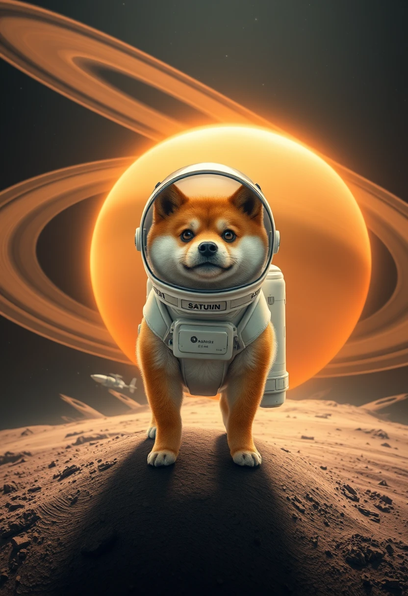 A small Shiba Inu wearing a spacesuit is standing on Saturn, with a space base behind it and the giant rings of Saturn in the distance, panoramic, wide angle, realistic. - Image