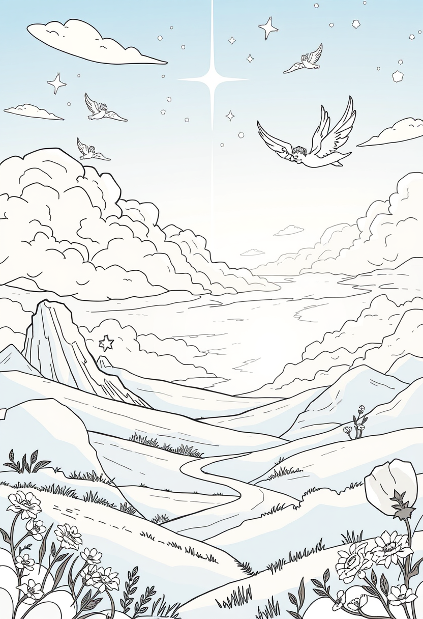 Illustrate a beautiful, serene landscape symbolizing the Kingdom of Heaven, with angels and light shining down. A coloring book page, cartoon style, thick lines, low details, no shading.