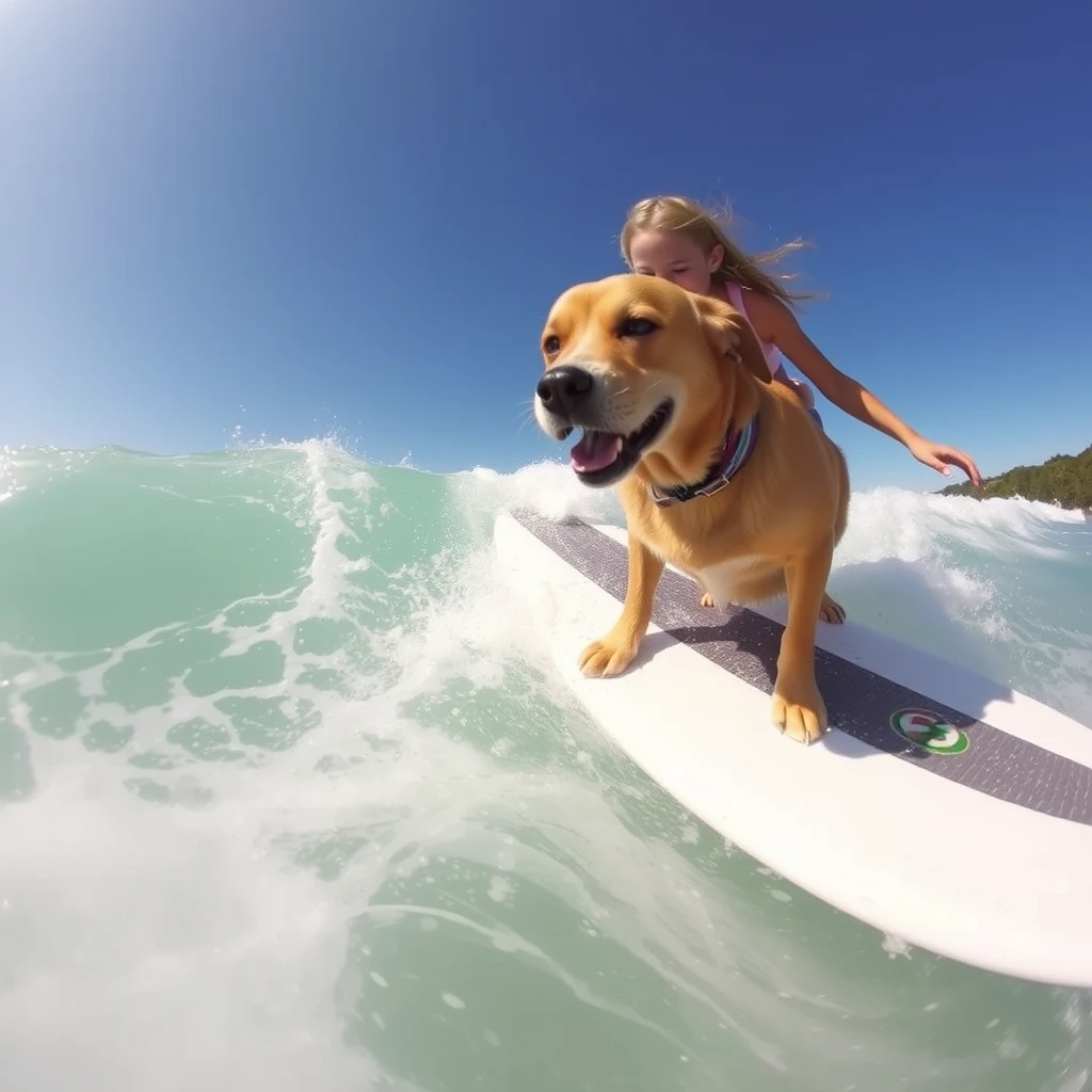 Surfing girl on the wave, surfing dog surprisingly watching her. - Image