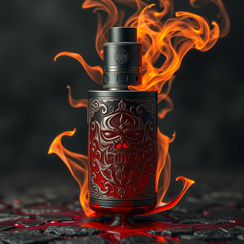 Hyper-realistic DoomVapes: vape tank, engraved with infernal motifs. Hellfire wisps curl around the device. Blood-red liquid seeps through cracks. - Image