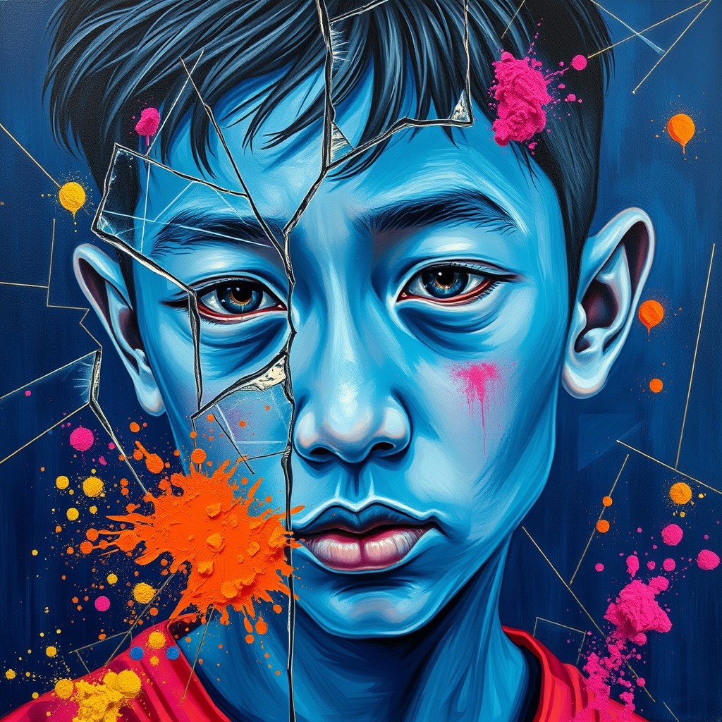 It's an oil painting in the style of Picasso, close up, an Asian boy with blue skin and a broken face, surrounded by glass breakage and gold lines on a dark blue background, a colorful explosion of the spillage of powder. - Image