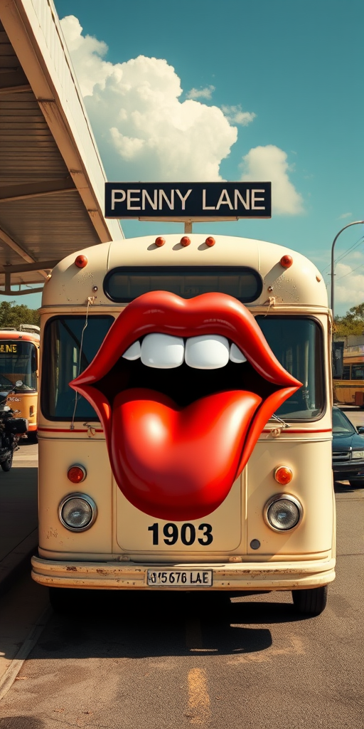 Surreal and whimsical image featuring a vintage bus parked at a bus station. The bus has a cream-colored exterior with a slightly weathered look, and the number '1903' is displayed on the front. The most striking feature is the large, exaggerated set of lips and teeth superimposed on the front bumper of the bus, resembling the rolling stones logo, with headlights as eyes and giving it a cartoonish and humorous appearance. The bus station has a covered area with a high roof, and there are other buses and motorcycles visible in the background. The bus destination sign reads 'PENNY LANE' in white text on a black background. The overall scene is bright and clear, with a blue sky and some clouds visible. - Image