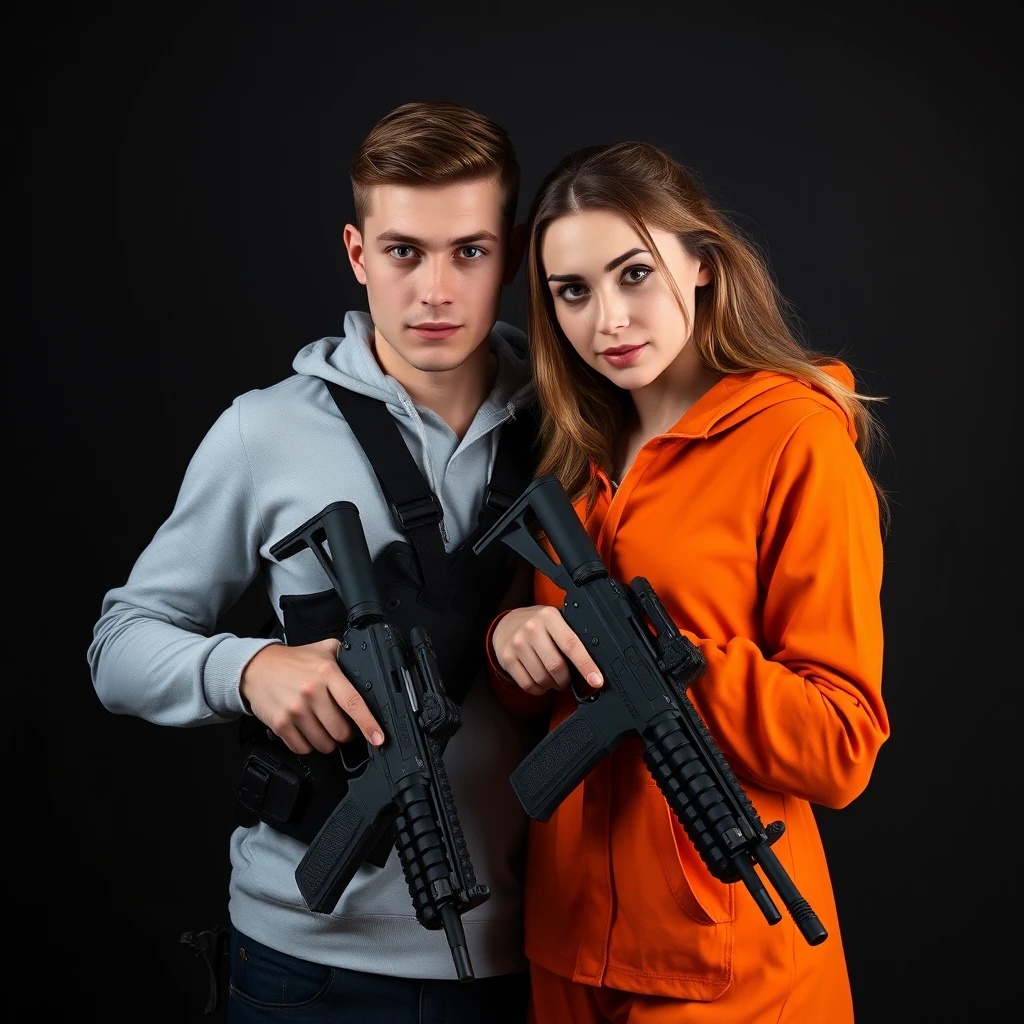 A striking elite young Russian couple posing together for a gun magazine on a dark background with combat weapons. Both holding a firearm close to their bodies, ready for action.