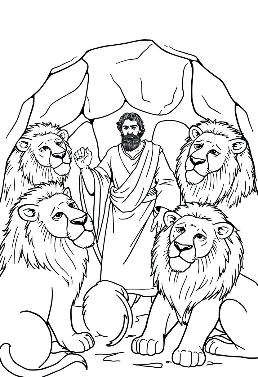 coloring book page. Black and white illustration of Daniel in the lions' den: Daniel as a central figure surrounded by several lions. The den can be suggested with simple rock outlines. Daniel should have a peaceful pose amidst the lions. line art vector style, White background, black and white drawing, sharp black lines.