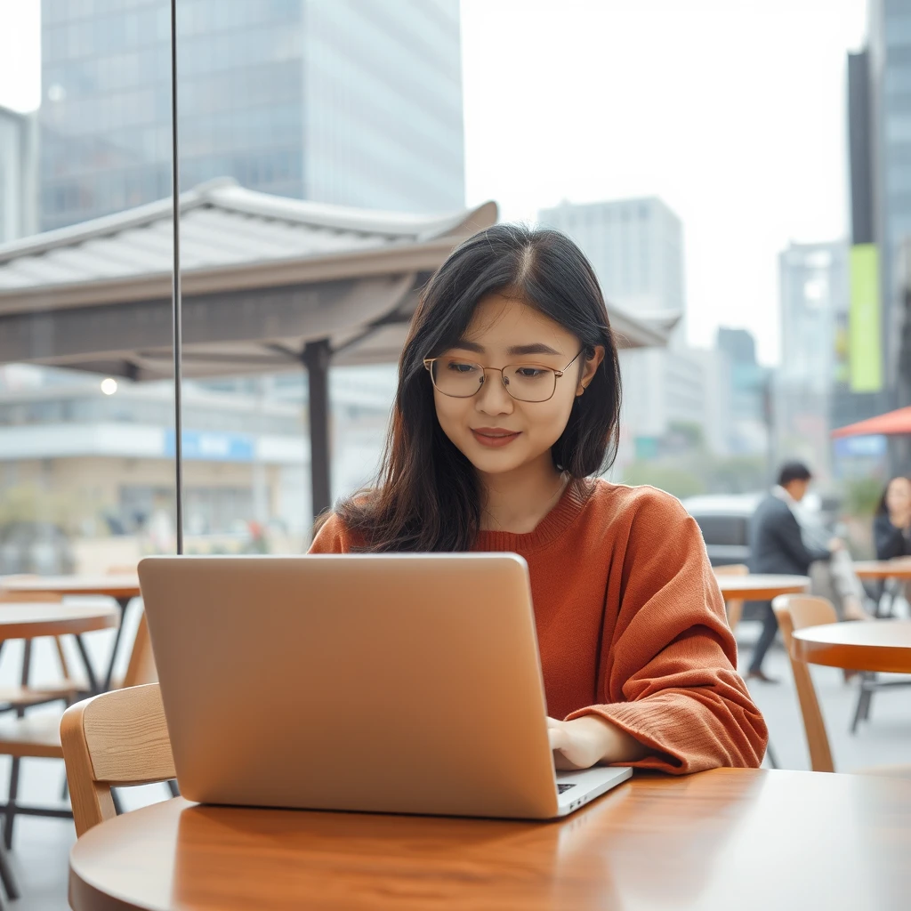 Modern Seoul backdrop with a young Korean woman working on her laptop in a cafe. - Image