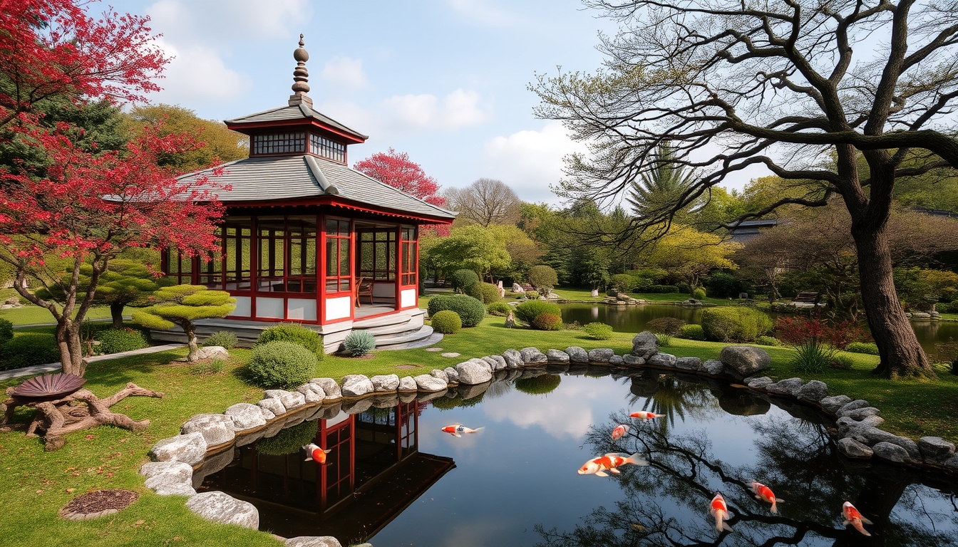 A serene Japanese garden with a glass teahouse overlooking a koi pond.