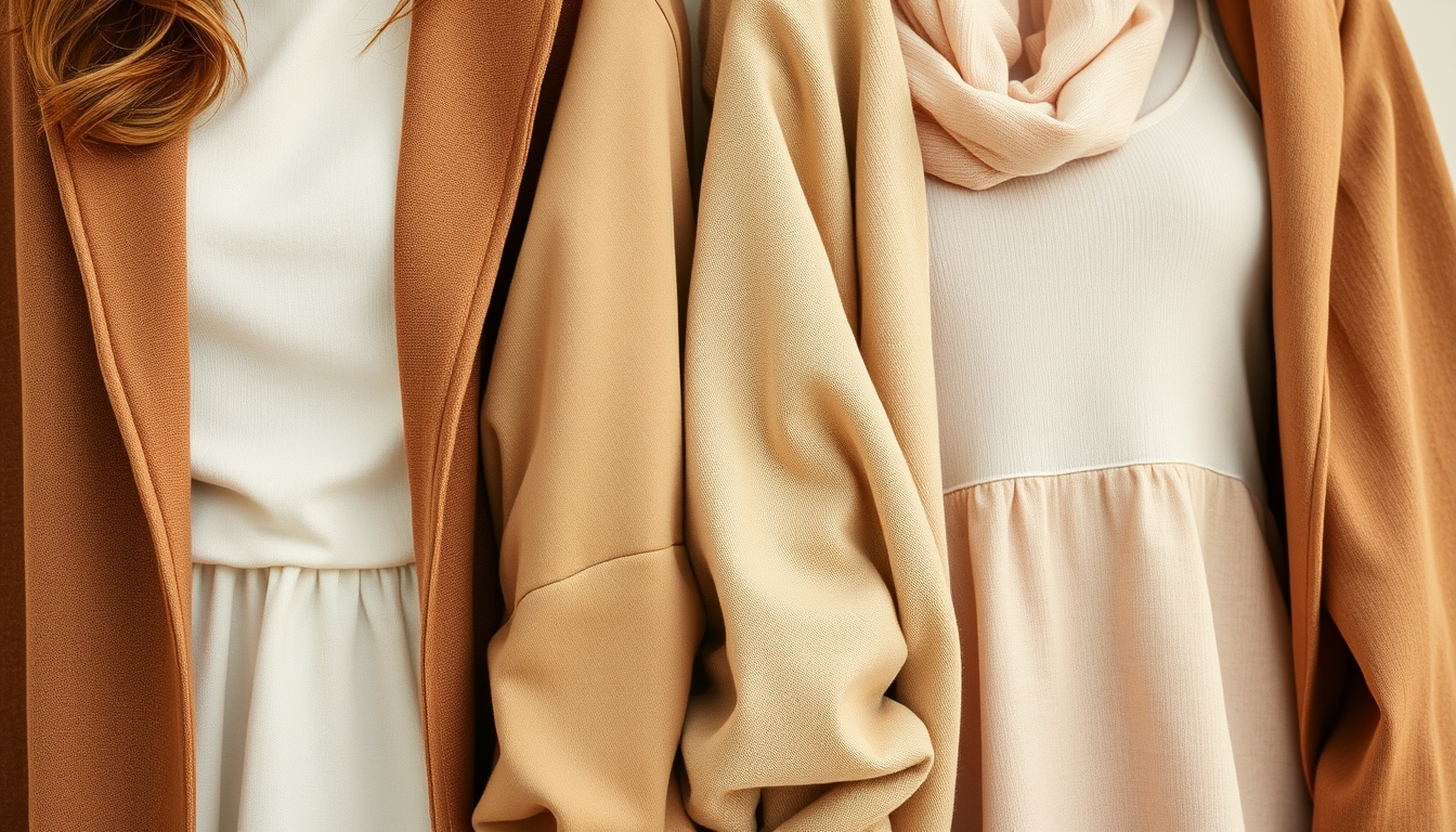 A close-up of eco-friendly clothing items, showcasing organic fabrics, neutral tones, and earthy textures, styled against a clean background.