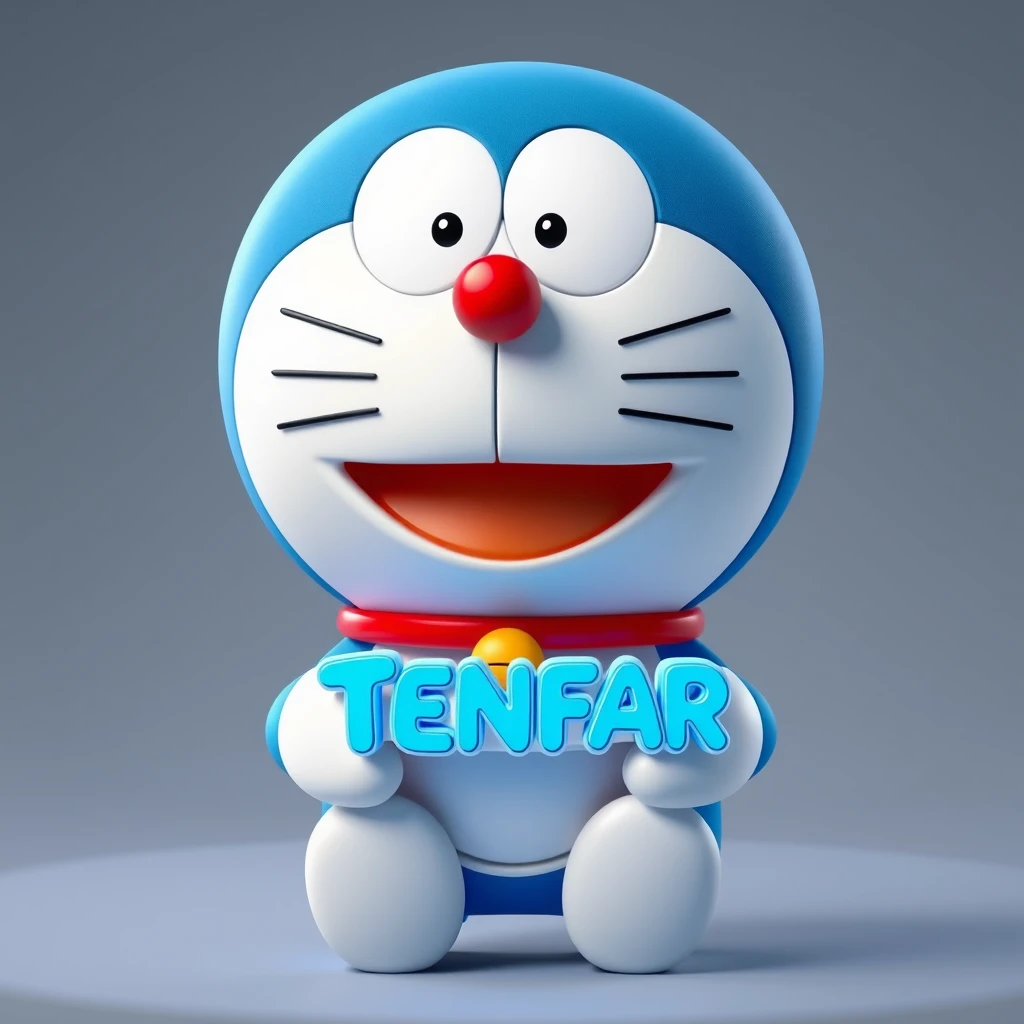 Pixar Style, 8K, this is an avatar, 3D, Doraemon, with full body and a cute smile, holding a 3D logo in his hands, the logo color is sky blue, shows growing "TENFAR". - Image