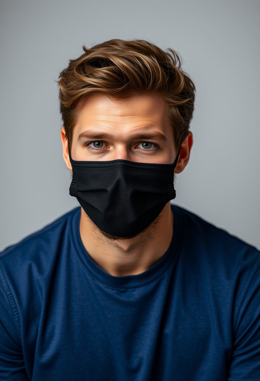 Jamie Dornan head and body shot, handsome, young, black face mask, blue shirt, jeans, sneakers, photorealistic, studio photography.