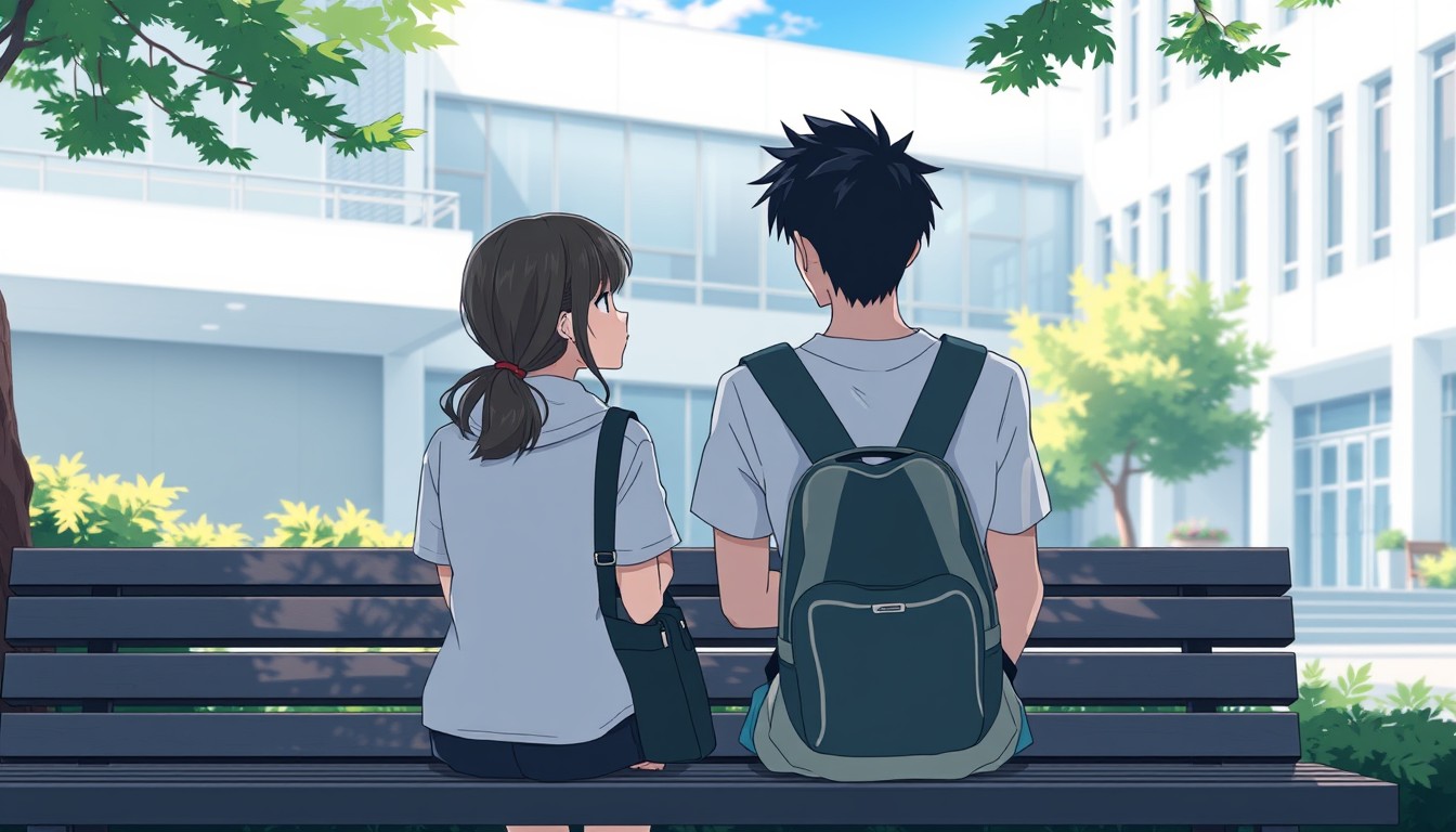 A couple sits together on a bench while having a conversation, wearing a jacket, t-shirt, and backpack, in an outdoor area of a modern-looking white campus.

((2D)), ((cel shading)), (((thick outline))), anime style, Makoto Shinkai, very detailed, ultra definition, high quality, (((hard edges))), masterpiece.