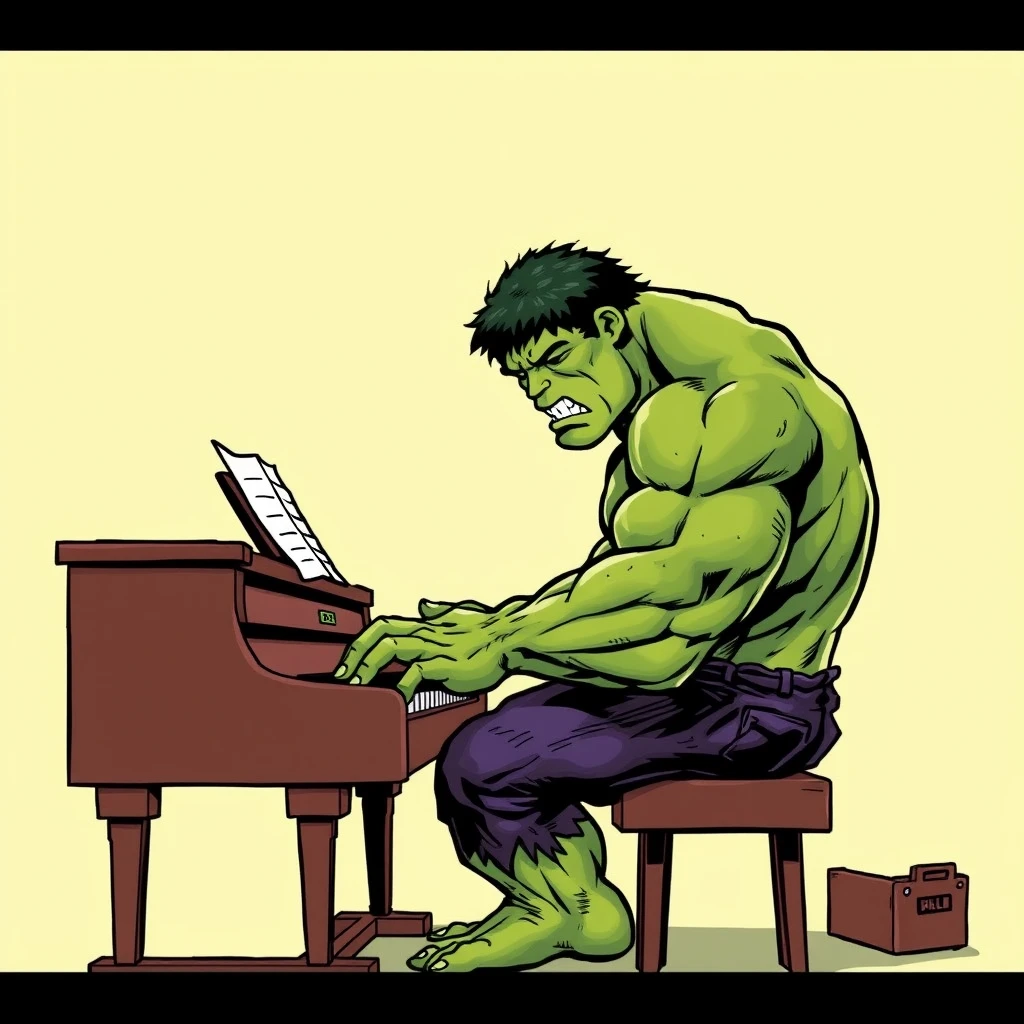 "The Hulk is playing the piano, full body, comic."