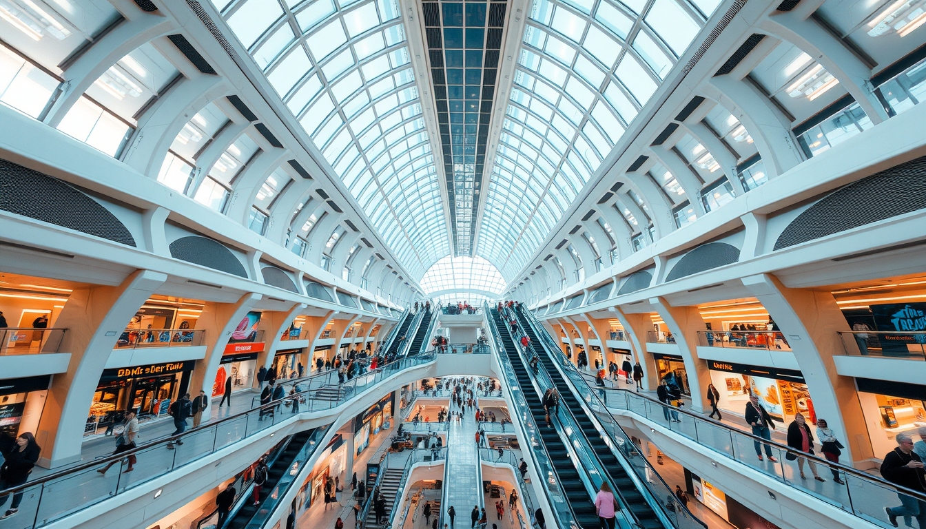 A futuristic shopping mall with glass ceilings and escalators, filled with shoppers.