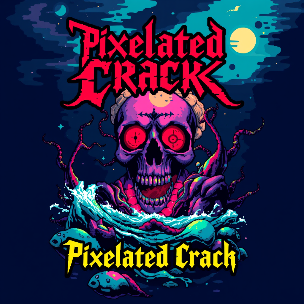 T-shirt design featuring a blocky, colorful 8-bit style of death metal blended with chiptune. The visual should be unique and striking yet macabre, infused with beauty. The band name is "Pixelated Crack," accompanied by a scene inspired by the deep sea. - Image