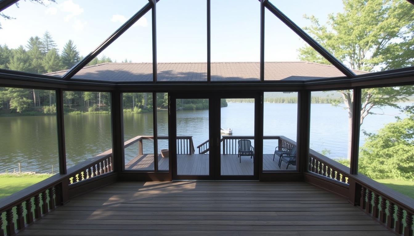 A serene lakeside cabin with a glass front, offering an unobstructed view of the water. - Image