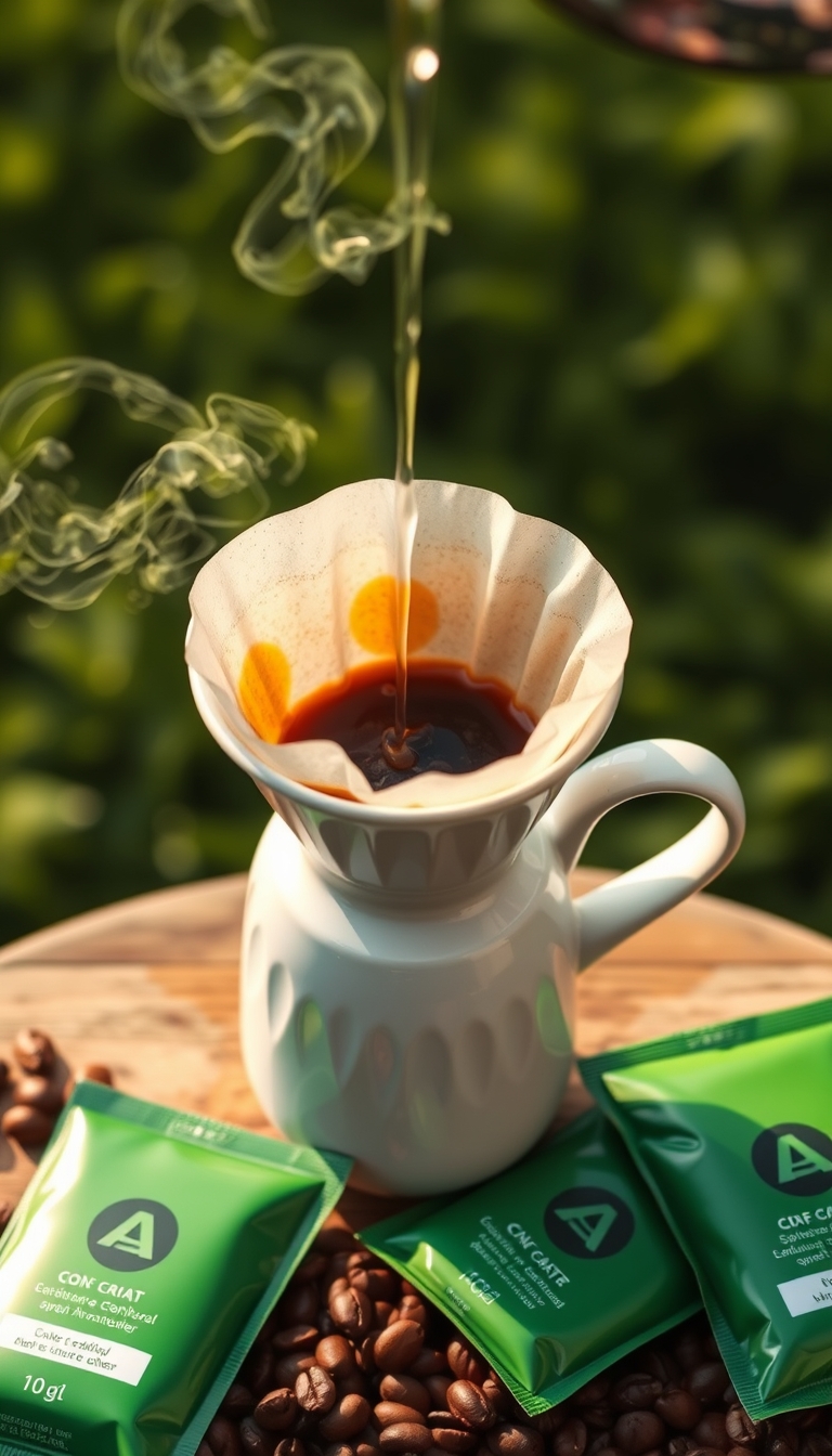 Realistic front-view image of a pour-over coffee in a white cup with a drip filter bag, hot water being poured with steam, coffee beans around, green coffee packets on a table, set against a green field, sharp and highly detailed.