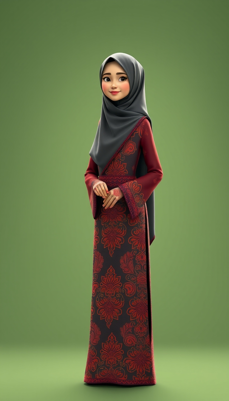 Create a 3D, 8K animated cartoon of a Muslim woman from Palembang wearing a long traditional songket dress. She should have her hands covered with batik gloves. The image should capture the elegance and cultural richness of the attire. - Image