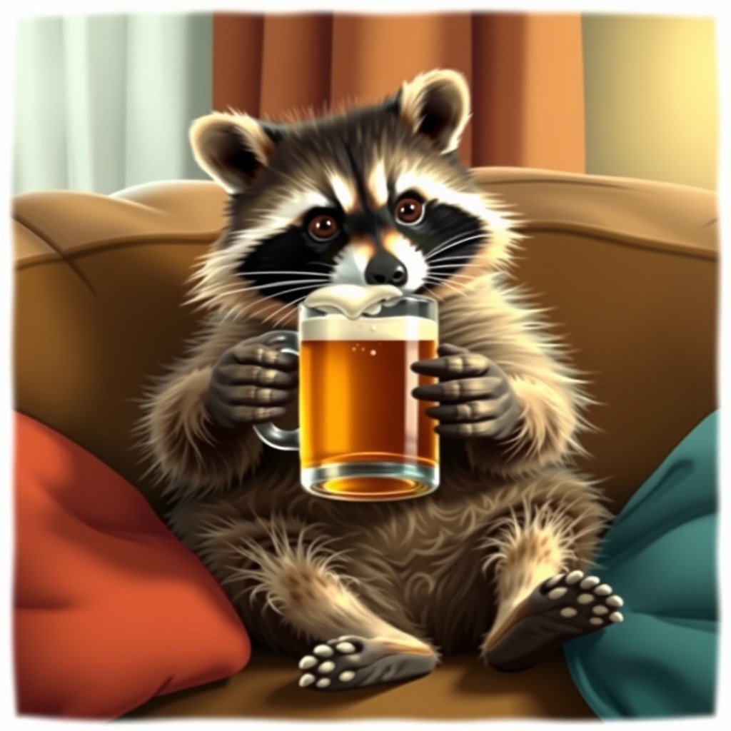 A raccoon sits on the couch and holds a mug of beer in its hand, realistic style, realistic photo.