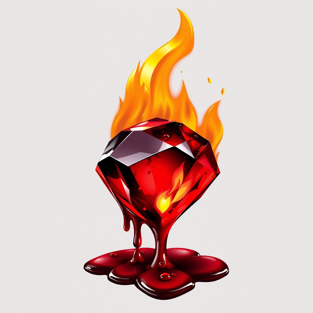 A tee shirt design of a beautiful ruby on fire with beautiful liquid red ruby dripping with flames. The ruby has black char all over it and subtle colorful embers burning in the ruby. Striking and otherworldly on a transparent background.