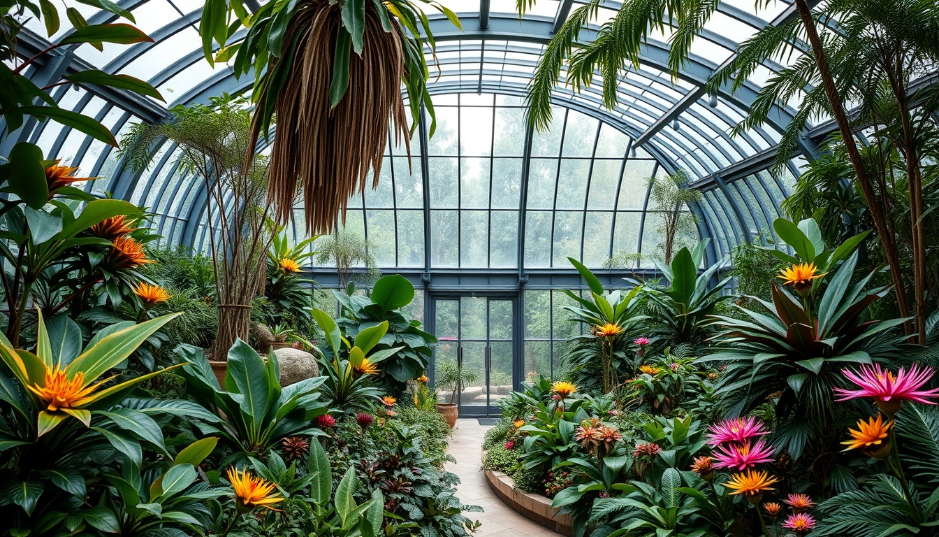 A stunning glass-enclosed botanical garden, filled with exotic plants and flowers.