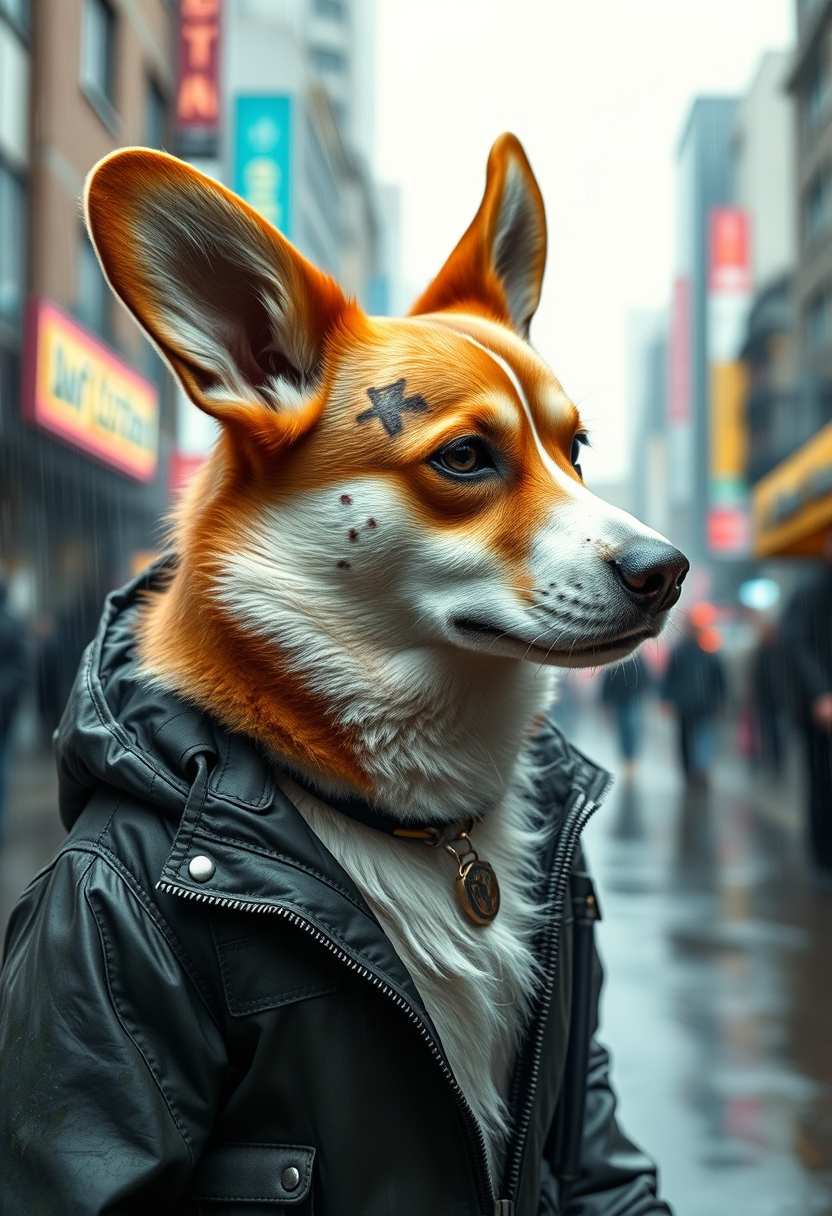 An adult corgi stands in a cyberpunk city, in the rain. He's wearing a cyberpunk style jacket. The corgi has an augmentation on his right eye and a lot of scars. Cyberpunk implants are visible on the corgi. A masterpiece, maximum detail, cinematography. - Image