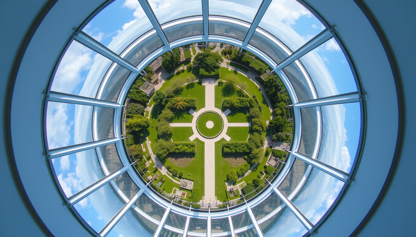 A park in a dome, viewed from the sky.