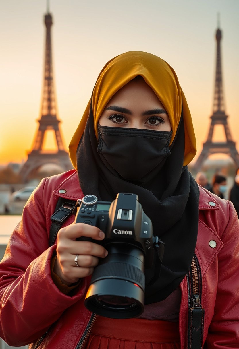 Biggest hijab yellow Muslim girl, beautiful eyes, face mask black, red leather jacket, biggest skirt, holding DSLR camera Canon, sunrise, morning scenery, Eiffel Tower, hyper realistic, street photography.