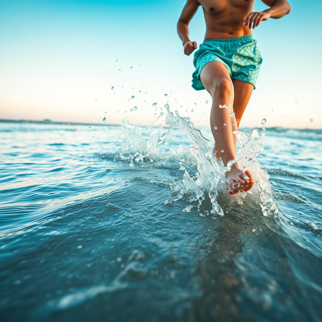 Super Slow Motion Shot of couple running in the water at beach Moving Towards Camera, water splash, close-up. - Image