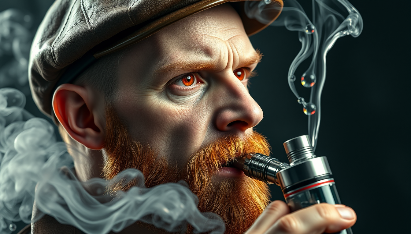 Hyper-realistic three-quarter portrait of a demonized white male, bald with meticulously detailed ginger stubble, donning a worn leather flatcap. Piercing red eyes gleam as he exhales dense, swirling vapor clouds from an intricately designed chrome vapemod. Iridescent e-liquid droplets suspended mid-air. - Image