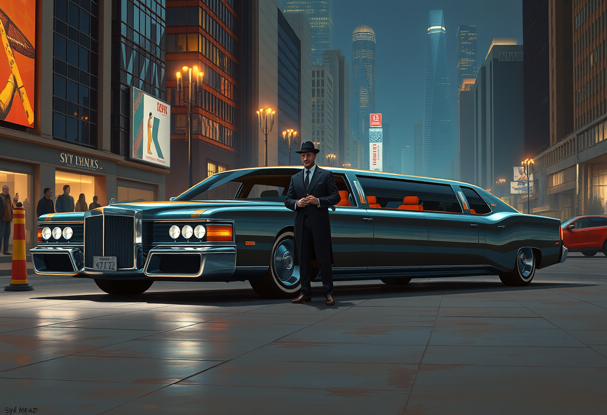 A very futuristic business limousine concept, a painting by Syd Mead, 4k, a chauffeur stands at attention, detailed, city setting, night, circa 2072.