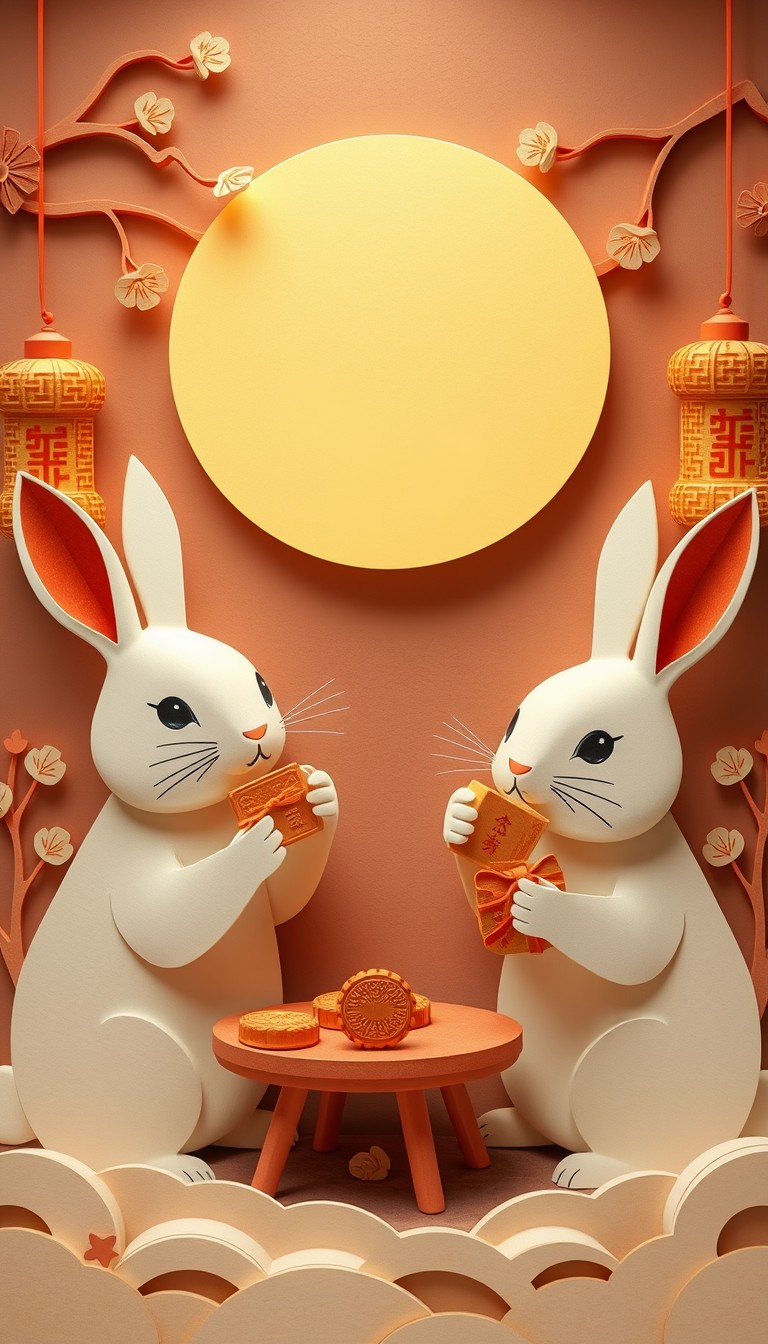 "Rabbits appreciating the moon, eating mooncakes and drinking tea while enjoying the moon, paper sculpture effect, modern design."