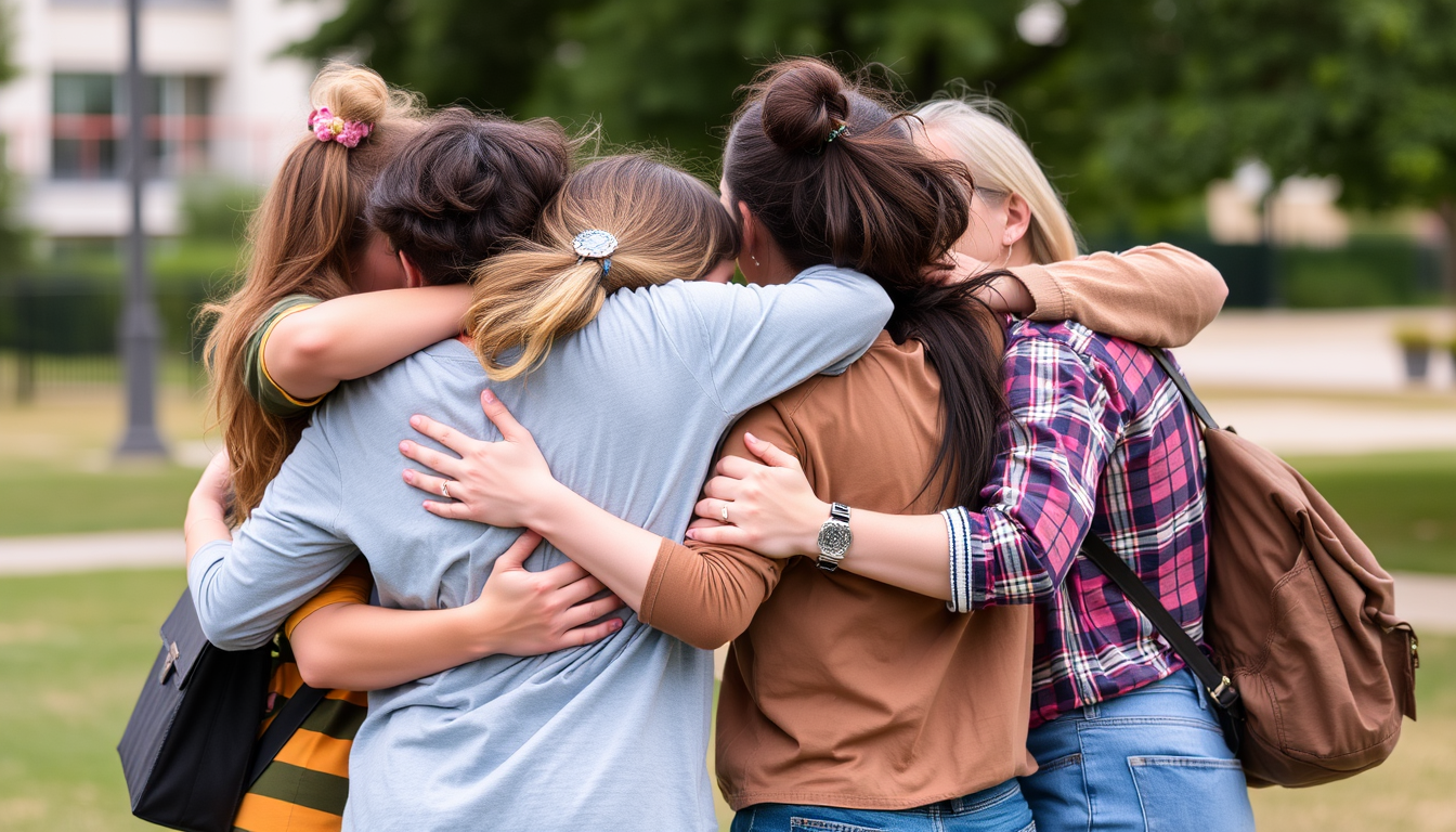 A group of friends hugging each other.