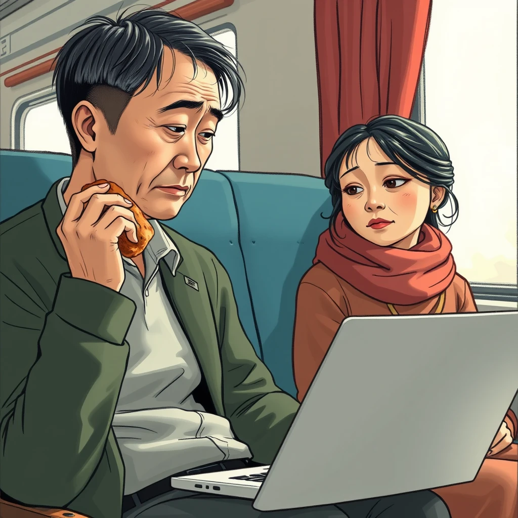 "A real-life creative style, a sad Chinese programmer, sitting on a train, eating bread with one hand while still staring at his laptop, his hair is thinning and slightly gray, and his wife is sitting next to him, looking at him with a mournful expression." - Image