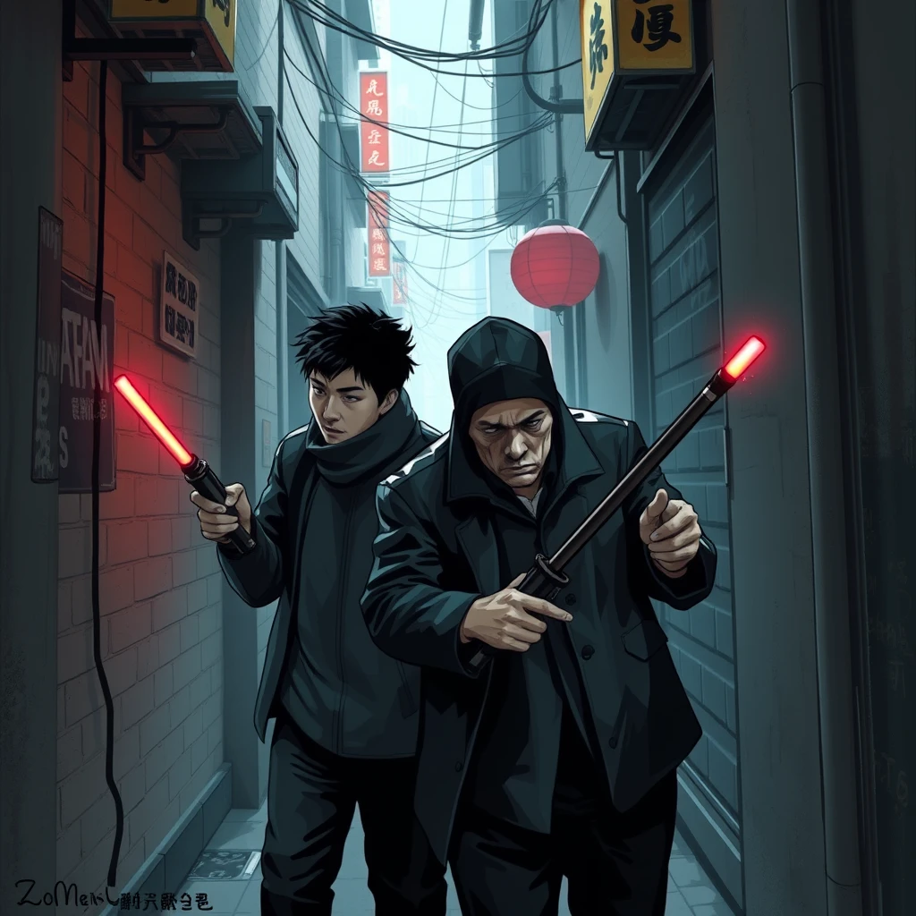 At the far end of the alley, two thugs, holding electric batons, search for Li Hanxiao while whispering to each other. - Image