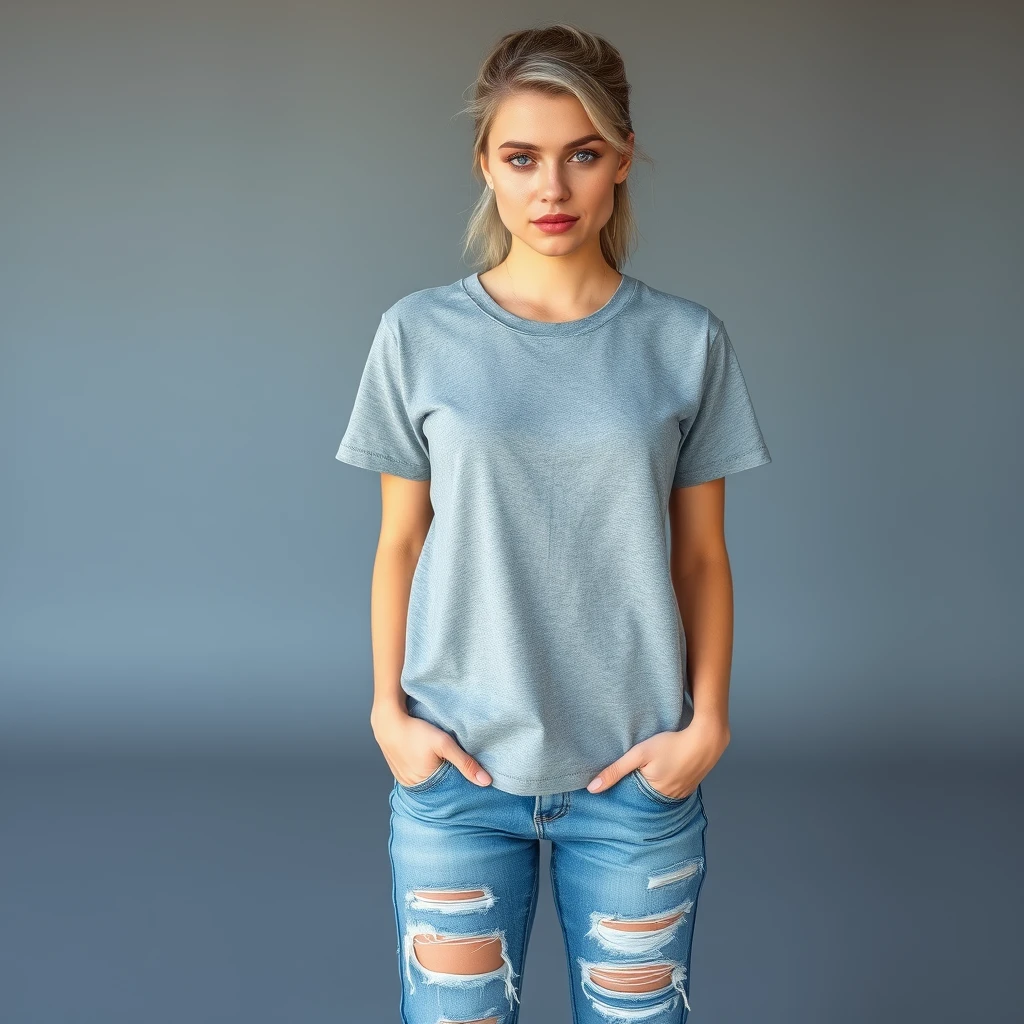 A young woman in a grey T-shirt, torn jeans, and Gucci sneakers. Appearance: cool grey hair and large blue eyes, an arrogant look. Professional photo. Full length. - Image