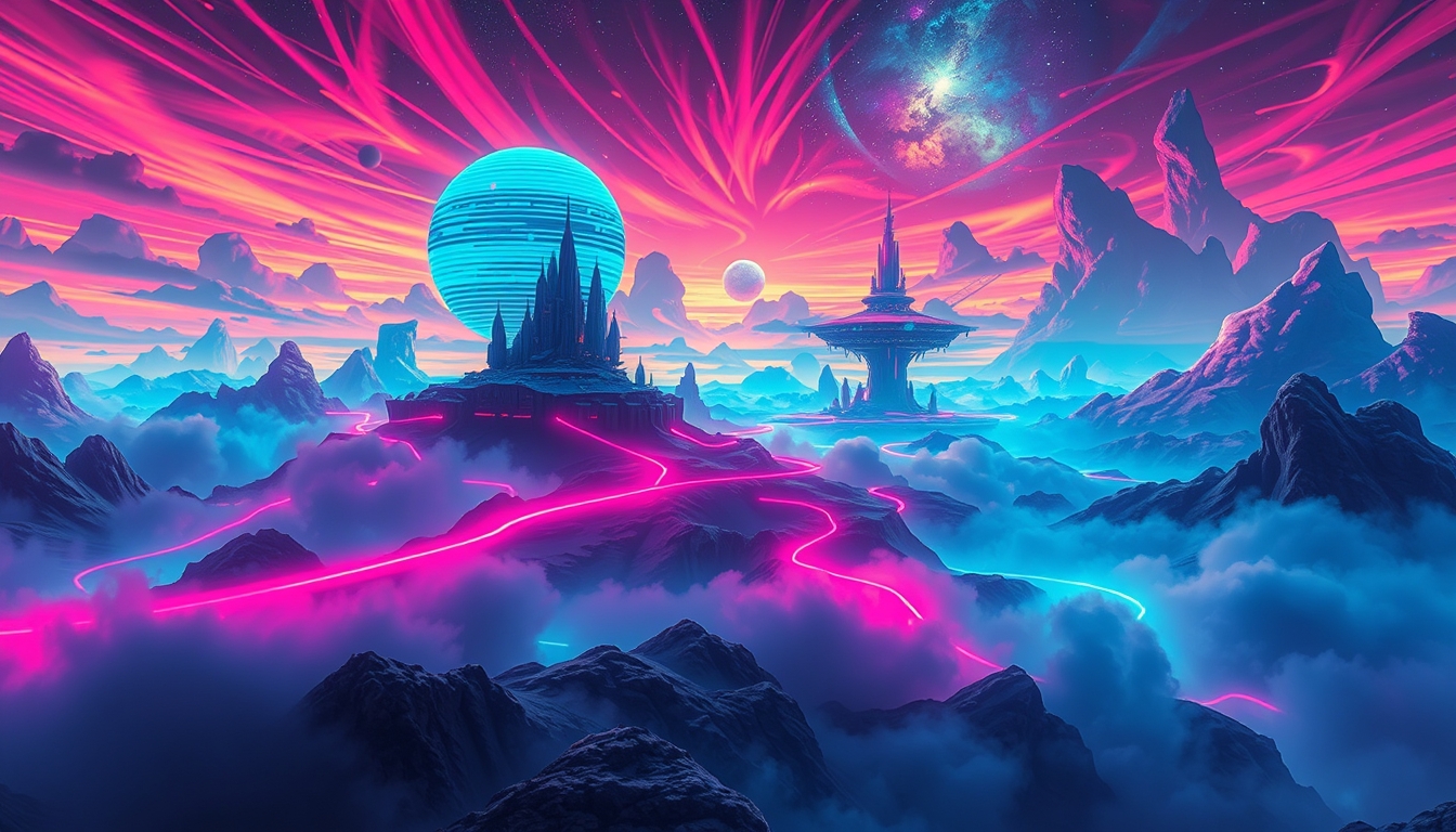 Surreal abstract landscape with neon lights, vibrant colors, and floating islands in a futuristic sky. - Image